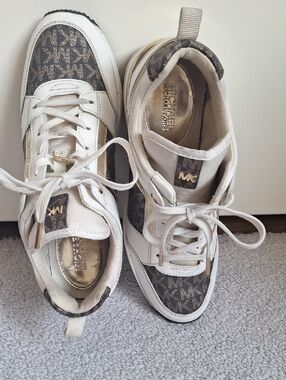 Michael Kors White and Brown MK Logo Sneakers